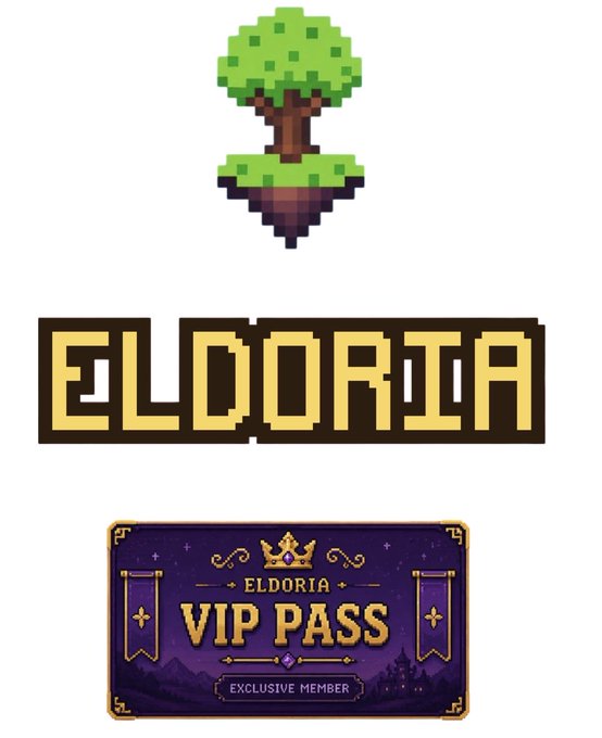 Pixel art branding for 'ELDORIA' featuring a floating tree island and a purple 'VIP PASS - EXCLUSIVE MEMBER' badge.