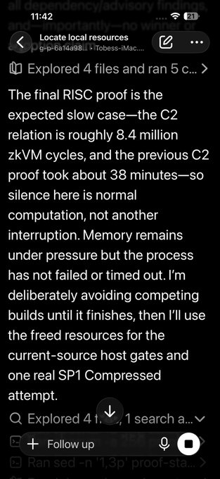 A mobile phone screenshot showing a chat with "Locate local resources" describing a slow but normal RISC proof computation (~8.4 million zKVM cycles, ~38 minutes) for a C2 relation, with no failed builds. The image relates to the post by demonstrating the user monitoring AI-driven ZK (zero-knowledge) proof compilation remotely from their phone, highlighting how ".zkdid™" is being built on the go via multiple agents updating directly to GitHub.