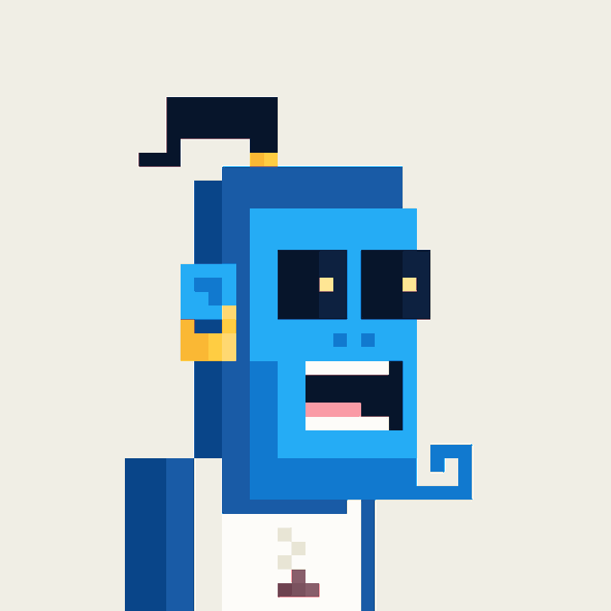A pixel art illustration of a blue robot-like character with large black eyes and a wide grin, standing against a light background.