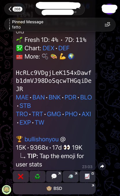 A screenshot of a Telegram chat displaying a pinned message from user "fatto" with crypto signals including "Fresh 1D: 4% · 7D: 11%" and ticker symbols like MAE, BAN, BNK, PDR, BLO, STB, TRO, TRT, GMG, PHO, AXI, EXP, and TW.