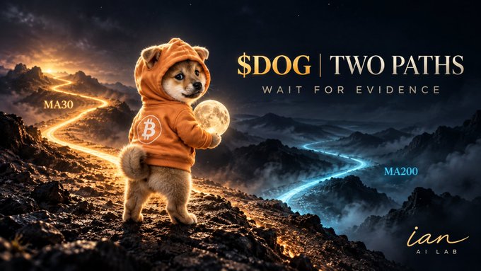 A promotional image for '$DOG | TWO PATHS - WAIT FOR EVIDENCE' showing a Shiba Inu dog in an orange Bitcoin hoodie holding a glowing orb, standing between two diverging paths labeled 'MA30' (orange) and 'MA200' (blue), credited to 'ian AI LAB'.