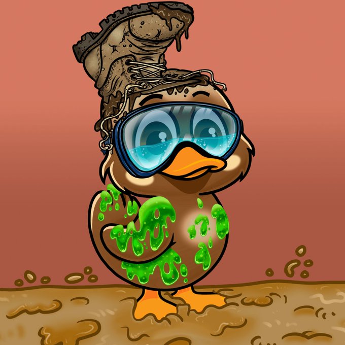 A cartoon illustration depicts a duck-like character covered in green slime, wearing blue goggles and a large, dirty boot on its head, standing in mud against a reddish background.