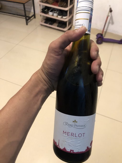 A hand holding a bottle of Rémy Pannier Merlot wine indoors, with a shoe rack and a child's scooter visible in the background.