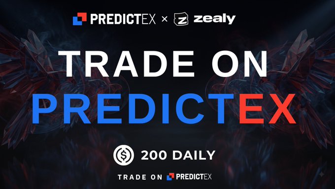 A promotional graphic for the "Trade on PredictEX" trading competition, featuring a collaboration between PredictEX and Zealy, with "$200 DAILY" prize rewards prominently displayed on a dark, crystalline background. The image reinforces the post's call to action, highlighting the partnership and daily earnings opportunity for participants who sign up and fund their PredictEX accounts.