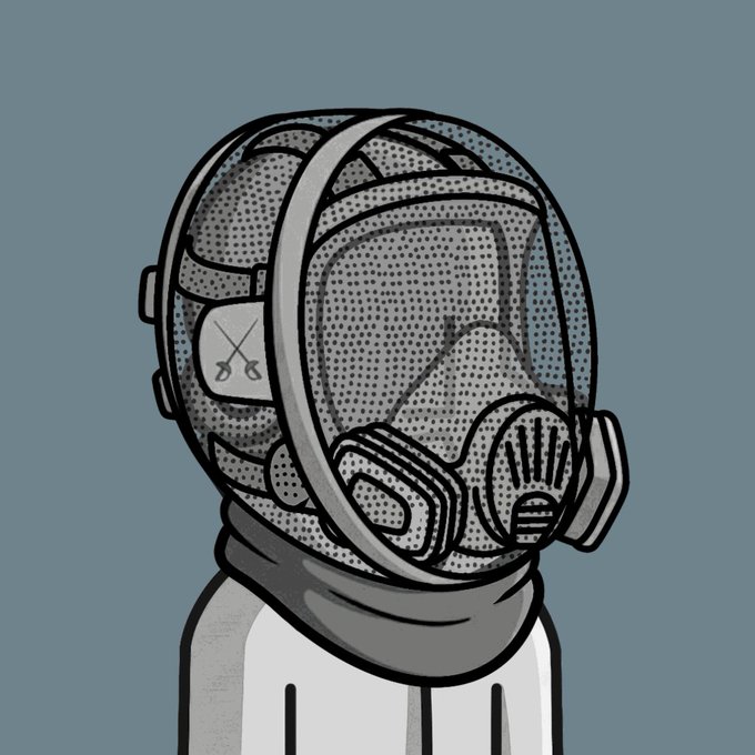 A stylized cartoon illustration of a person wearing a transparent helmet with an integrated gas mask and breathing apparatus.