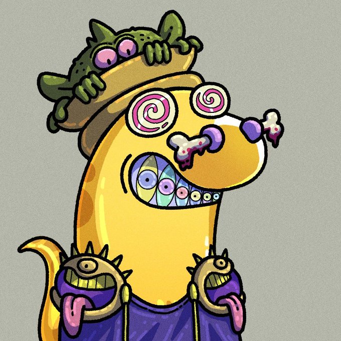 The image features a cartoon character, possibly a dog or a frog, wearing a hat with googly eyes and holding a cup of candy. The character appears to be smiling and has a tongue sticking out. The caption below the image reads "This 1/1 by @lacertianseth was sold for 0.33E Congrats to the seller and buyer".