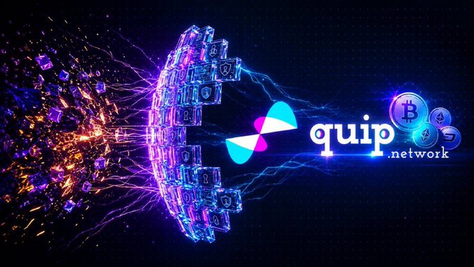 The image features a purple and blue explosion with a large diamond shape in the center, surrounded by small cubes that are illuminated with blue light. The text "quip" appears above the explosion, while the word "network" is below it. The background of the image is black, which contrasts with the vibrant colors of the explosion and the white letters on the post.