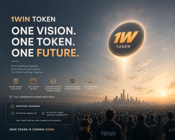 A promotional graphic for "1WIN TOKEN" features a glowing 1W Token logo rising like a sun over a futuristic cityscape, with a crowd wearing "1WIN" hoodies watching from below. The ad highlights key details including a bigger airdrop allocation, TGE + listing on Q4 2026, $1WIN utility, and a fair token sale, aligning with the AMA updates mentioned in the post.