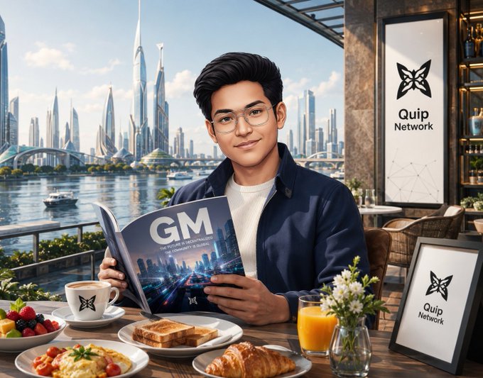 An AI-generated image of a young man wearing glasses and a dark jacket, sitting at a cafe table with breakfast items like toast, fruit, and croissants, holding a magazine titled 'GM'. The 'Quip Network' logo is visible on signs and a tablet, with a futuristic city skyline in the background.