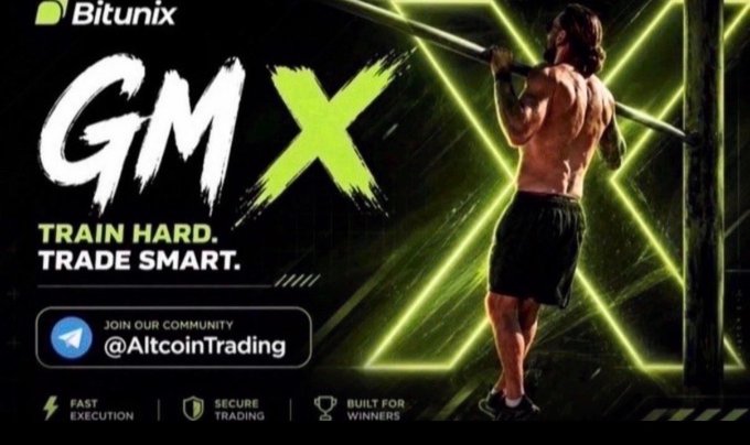 A promotional banner for Bitunix featuring a muscular man training, with the text 'GMX TRAIN HARD. TRADE SMART.' and links to the @AltcoinTrading Telegram community.
