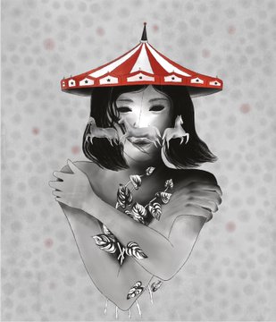 A surreal black and white portrait shows a figure wearing a red and white circus tent hat with a face partially obscured by floating creatures.