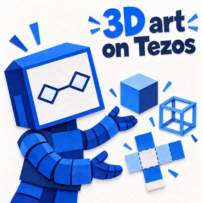 A colorful illustration of a blue robot character with a TV-screen head and glasses, holding floating 3D geometric shapes (cube, wireframe cube, cross/plus shape), with the text '3D art on Tezos' at the top.