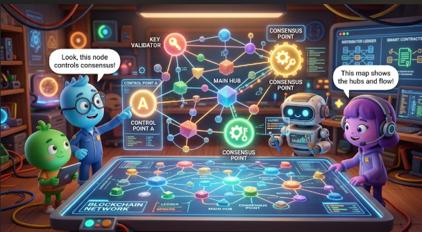 A cartoon illustration shows characters in a tech-themed room examining a blockchain network diagram with labeled nodes like 'KEY VALIDATOR', 'MAIN HUB', 'CONSENSUS POINT', and 'CONTROL POINT A', with speech bubbles reading 'Look, this node controls consensus!' and 'This map shows the hubs and flow!'.