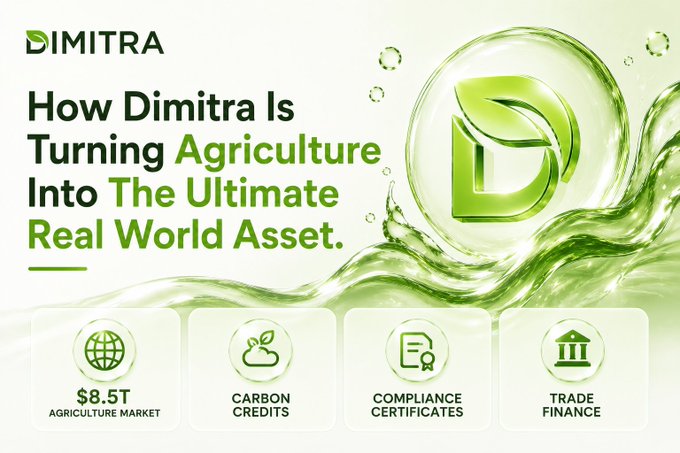 A promotional graphic for Dimitra ($DIMITRA) titled "How Dimitra Is Turning Agriculture Into The Ultimate Real World Asset," featuring the company's green leaf-logo alongside four highlighted value propositions: an $8.5T agriculture market, carbon credits, compliance certificates, and trade finance. The image visually reinforces the post's thesis that agriculture—being a massive, tangible, global industry—represents a more compelling real-world asset narrative than tokenized treasuries, with Dimitra positioned as the protocol tokenizing this trillion-dollar sector on-chain.