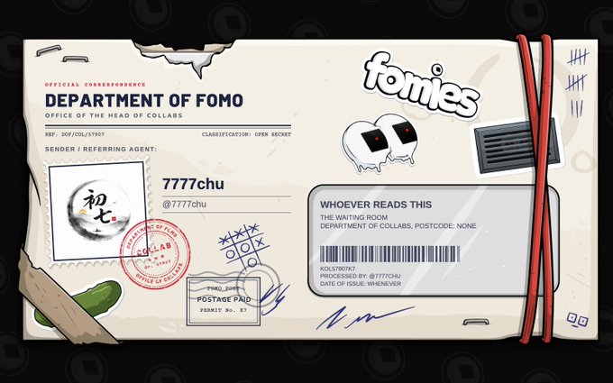 A stylized illustration of a 'Department of Fomo' official correspondence envelope addressed to '7777chu', featuring various stamps, shipping labels, and character art for 'fomies'.