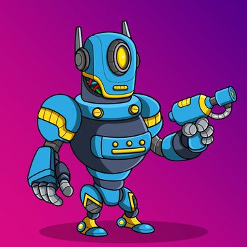 A cartoon blue and yellow robot with a single cyclopean eye and antennae holds a futuristic blaster, set against a vibrant purple-to-pink gradient background. The illustration ties to the post as a playful 2D-style NFT showcase, with the comment joking that a risqué "#69" version would be even cooler than the current "#68" entry.