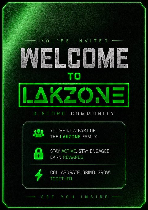Welcome message for the LAKZONE Discord Community with green neon styling, inviting new members to the family.