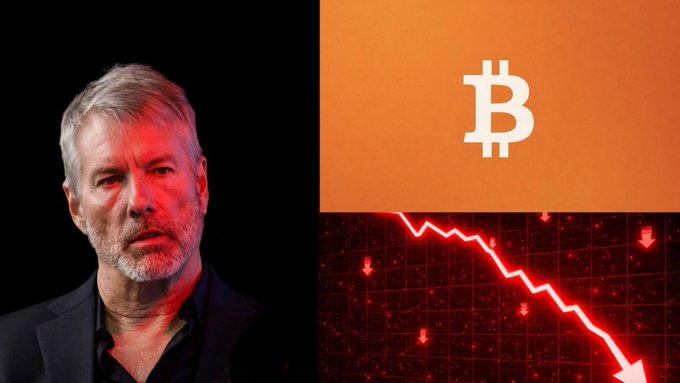 The image shows a portrait of Michael Saylor on the left, alongside a Bitcoin (₿) logo and a red downward-trending chart, visually emphasizing the breaking news that his company, Strategy, has sold over $102.4 million worth of $BTC, bringing total 2026 sales to $320.86 million.
