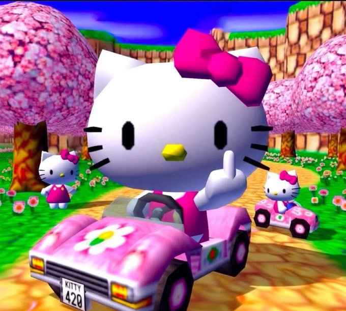 A scene from a 3D animated Hello Kart game featuring Hello Kitty driving a pink car with the license plate 'KITTY 420', surrounded by other Hello Kitty characters in a setting with cherry blossom trees.