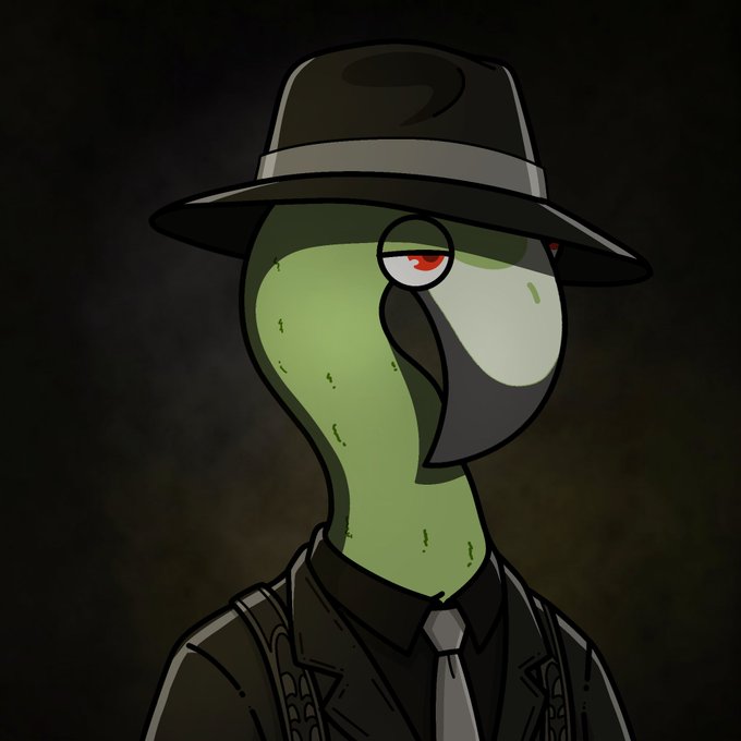 A digital illustration of a character with a green mask/face, red eyes, wearing a black fedora and a suit with a tie, set against a dark background.