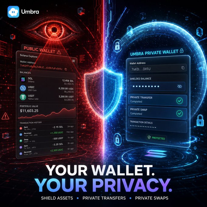 A promotional image for 'Umbra' cryptocurrency wallet features a split design with a red 'PUBLIC WALLET' displaying a Solana address and balances for SOL, USDC, and USDT, contrasted against a blue 'UMBRA PRIVATE WALLET' showing shielded balance, private transfers, and private swaps, with the tagline 'YOUR WALLET. YOUR PRIVACY.'