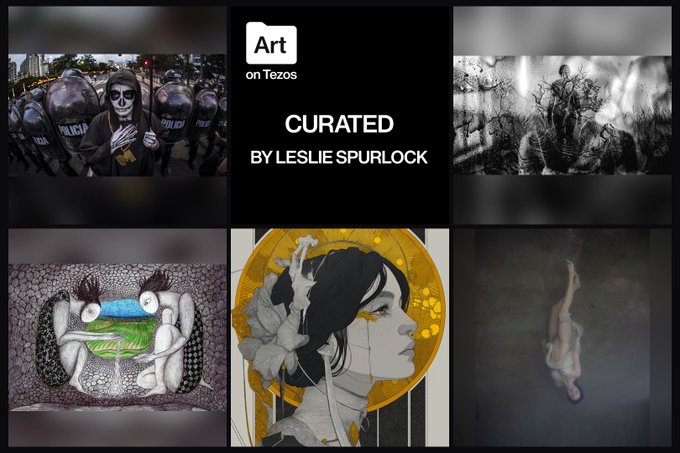 A gallery showcase titled 'Art on Tezos CURATED BY LESLIE SPURLOCK' displays four pieces of digital and mixed-media artwork.