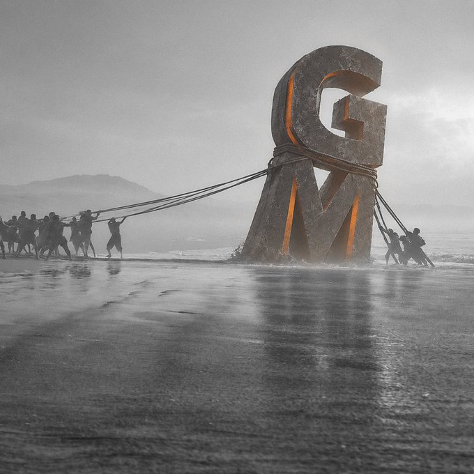 A dramatic digital artwork depicting small silhouetted figures using ropes to pull a large, glowing monolithic letter 'R' across a wet, reflective landscape.