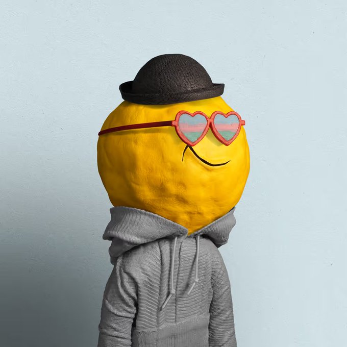 A lemon-headed figure wearing a black bowler hat, red heart-shaped sunglasses, and a gray hoodie smiles against a plain wall, fitting the post's vibe of teasing an exciting, long-awaited NFT collection announcement.
