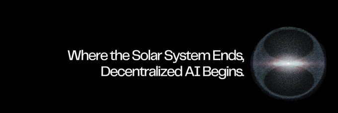 A black banner featuring a glowing cosmic sphere graphic alongside the white text "Where the Solar System Ends, Decentralized AI Begins." The cosmic imagery visually reinforces the post's theme of needing 24/7, always-available coverage for crypto communities, suggesting that AI agents can provide the constant vigilance human teams lack during off-hours.