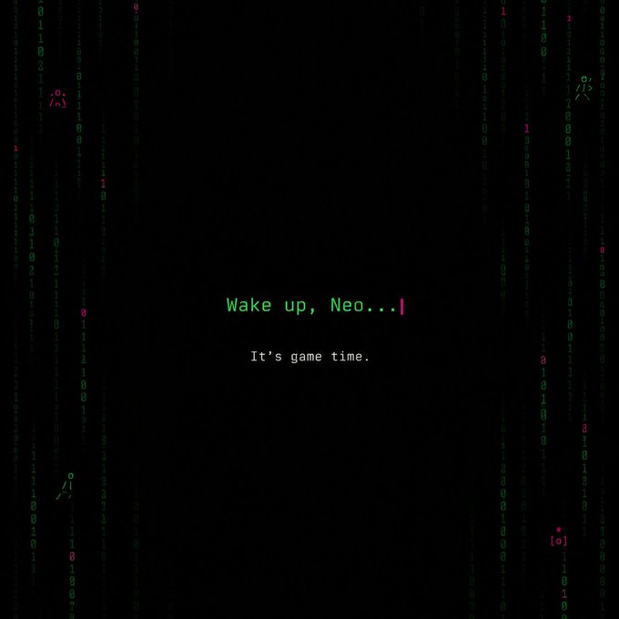 A black screen displaying the iconic "Wake up, Neo..." message in green text with "It's game time." below, styled like the "The Matrix" digital rain with green code characters falling in the background. The image ties into the post's announcement of 333 newly created games on the RYFT Engine, framing the launch as a call to action for citizens to engage with the new platform.