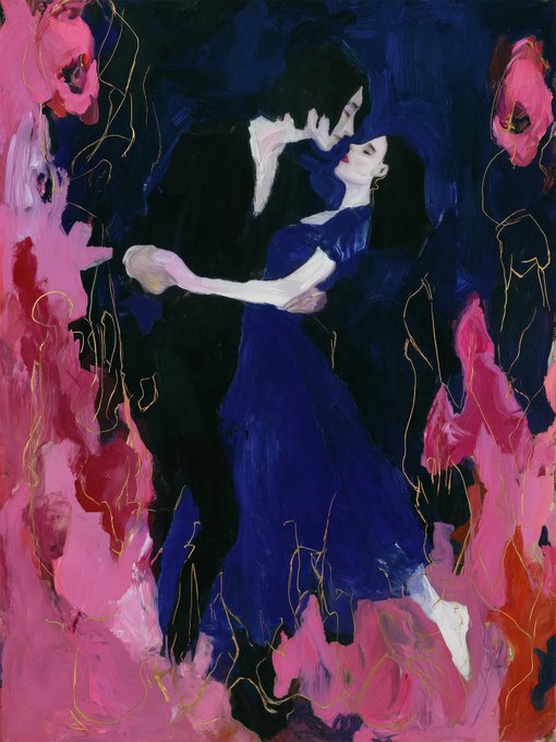 An expressive, dark painting in deep blues and pinks depicting two figures in an intimate dance or embrace, with the surrounding floral or flame-like shapes rendered in loose, abstract brushstrokes.