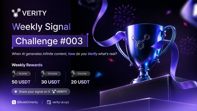 A promotional graphic for Verity's "Weekly Signal Challenge #003" features a purple-lit trophy alongside the challenge question "When AI generates infinite content, how do you Verify what's real?" and lists weekly rewards of 50, 30, and 20 USDT for 1st, 2nd, and 3rd place, with social handles @BuildOnVerity and verity-ai.xyz. The image visually reinforces the accompanying post's call to action, inviting users to share their verification signals for a chance to win USDT prizes.