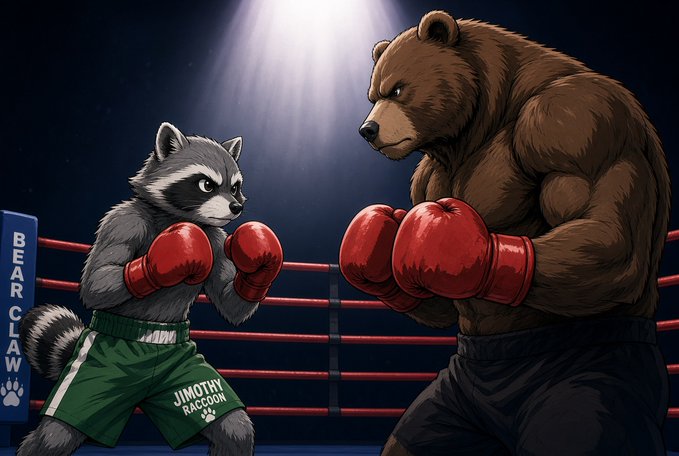 A cartoon raccoon wearing red boxing gloves and green shorts labeled "JIMOTHY RACCOON" faces off against a massive brown bear in a boxing ring with "BEAR CLAW" on the corner post, symbolizing the underdog meme coin $JIMOTHY standing resilient against bearish market forces. The image perfectly visualizes the post's theme of a small but determined project fighting its way up from 40k to 100k against larger market opponents.