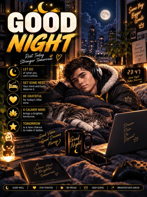 A digital 'GOOD NIGHT' poster featuring a young man with headphones resting on a bed with a sleeping cat, including motivational messages like 'LET GO of what you can't control' and 'GET SOME REST'.