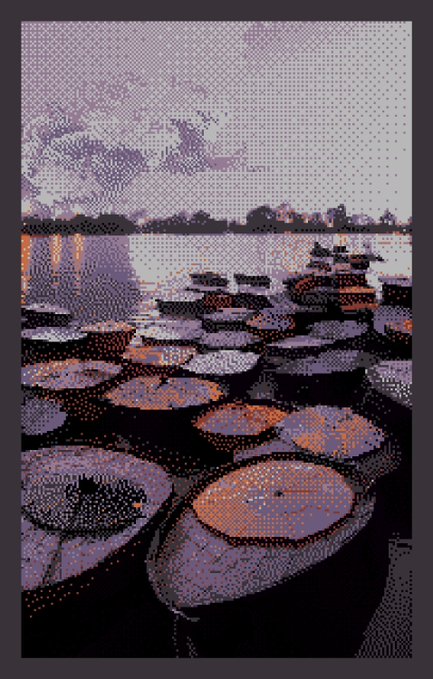 A pixelated or pointillist artwork depicting a landscape filled with large, rusty barrels or tanks in the foreground under a hazy sky.