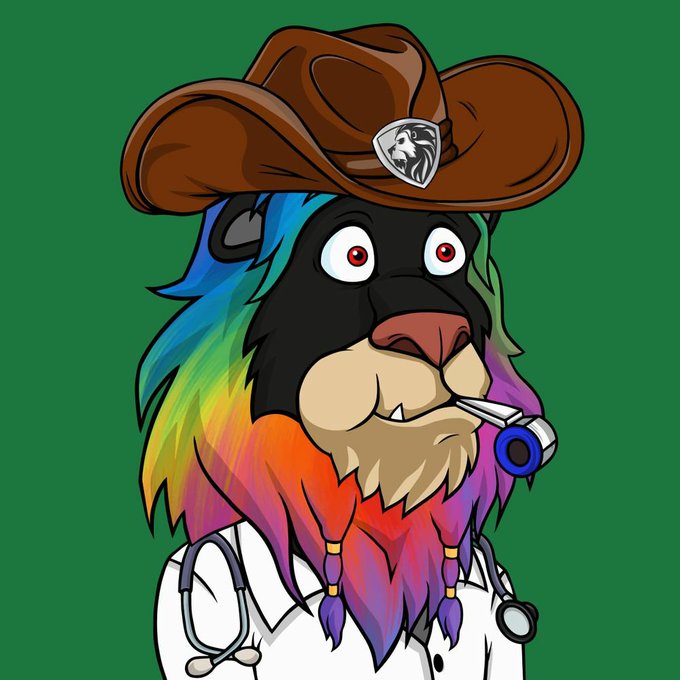 A digital illustration of an anthropomorphic lion character with a rainbow-colored mane, wearing a brown cowboy hat with a lion emblem and a white coat with a stethoscope.
