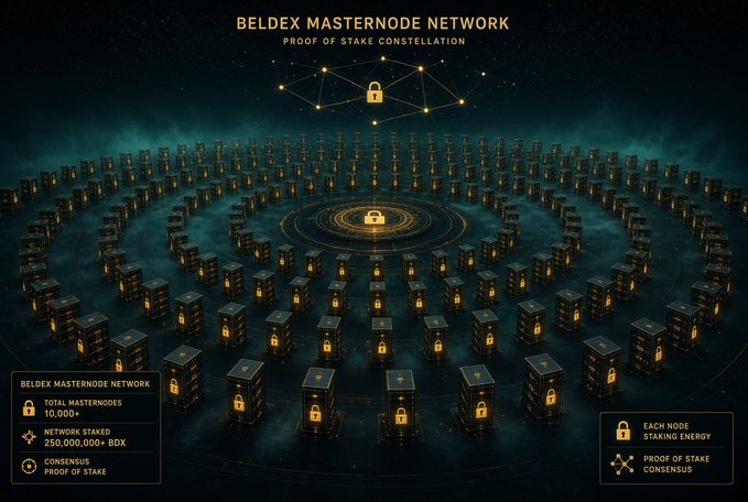A digital graphic titled 'BELDEX MASTERNODE NETWORK - PROOF OF STAKE CONSTELLATION' displays nodes arranged in a circular pattern with stats like 'TOTAL MASTERNODE 10,000+' and 'NETWORK STAKED 250,000,000+ BDX'.
