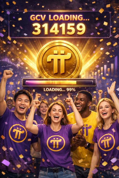 A promotional graphic for 'GCV LOADING' featuring a Pi Network coin, showing a loading bar at 99% with the number 314159, and a group of excited people wearing Pi cryptocurrency t-shirts.