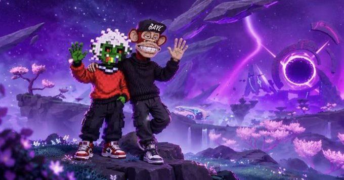 An illustration of two Bored Ape-style NFT characters posing together in a vibrant purple landscape with cherry blossoms, a flying car, and a portal.