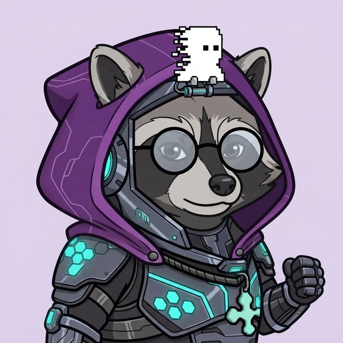 A digital illustration depicts an anthropomorphic raccoon character wearing a purple hooded cloak and futuristic black and teal cybernetic armor with hexagonal patterns, sporting round glasses and a pixel art ghost floating above its head.