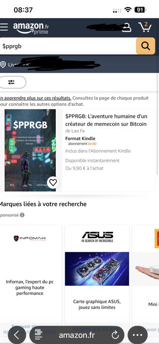 A mobile screenshot of the Amazon.fr search results page for '$pprgb', showing a Kindle book titled '$PPRGB: L'aventure humaine d'un créateur de memecoin sur Bitcoin' by Lao Fa. The time '08:37' and battery '91' are visible at the top.