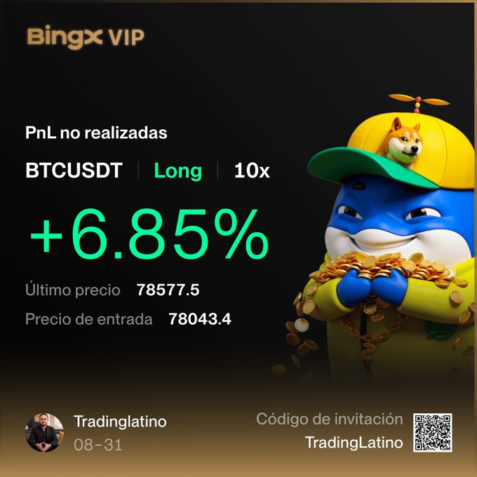 The image shows a BingX VIP trading screenshot featuring an unrealized PnL of +6.85% on a BTCUSDT long position with 10x leverage, entered at 78043.4 with the last price at 78577.5. It displays the username "Tradinglatino," a date of 08-31, and an invitation code "TradingLatino" with a QR code, alongside a cartoon mascot holding gold coins. The "+6.85% unrealized profit" visualizes the post's "protect and hold" sentiment, showing that holding onto the BTC long position is currently yielding gains.