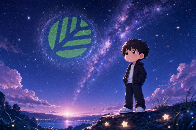 An anime-style digital illustration of a young boy with dark hair in a black jacket standing on a rocky cliff at twilight, gazing at a glowing green leaf emblem floating in a starry night sky above a distant coastal city.