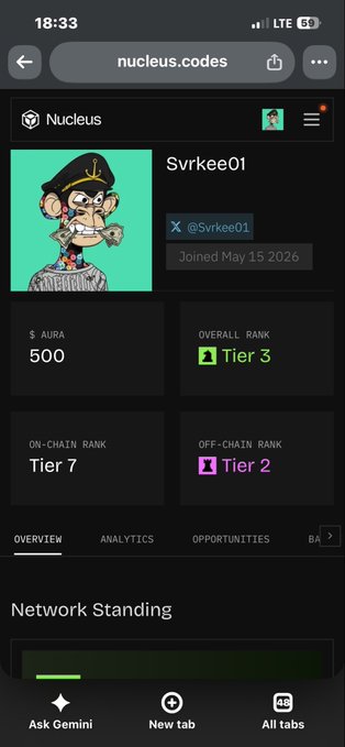 A mobile screenshot of a Nucleus profile page (nucleus.codes) for user "Svrkee01," showing an AURA balance of 500, Overall Rank Tier 3, On-Chain Rank Tier 7, and Off-Chain Rank Tier 2.