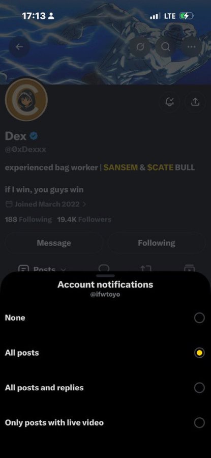 A Twitter/X account notification settings menu for user "Dex" (@0xDexxx) showing options to customize alerts, currently set to "All posts" — likely indicating the winner of a flash giveaway will receive a notification alert.