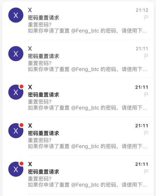 A screenshot of multiple email notifications titled "密码重置请求" (Password Reset Request) for the account @Feng_btc, sent at 21:11 and 21:12, illustrating the wave of suspicious password reset attempts referenced in the post about widespread account hacking concerns and scam link warnings.