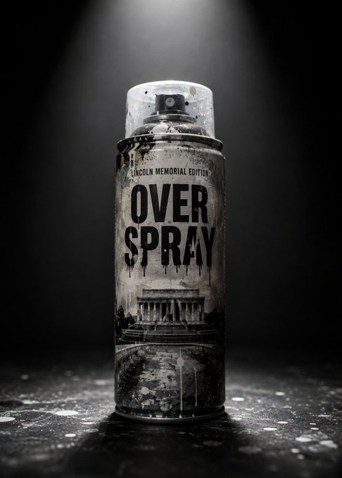 A weathered, paint-splattered spray can is spotlighted against a dark background, labeled "LINCOLN MEMORIAL EDITION" and "OVER SPRAY" in dripping black stencil lettering, with an image of the Lincoln Memorial at the base — a striking visual metaphor for the $OVERSPRAY meme coin referenced in the post, where corruption literally "sprays itself" onto America's most hallowed monuments.