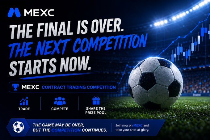A MEXC promotional banner featuring a soccer ball and stadium backdrop announces the "MEXC Contract Trading Competition" with the tagline "The Final Is Over. The Next Competition Starts Now," highlighting three steps: Trade, Compete, Share the Prize Pool. The image aligns with the post's theme of carrying momentum from a finished soccer match into a new trading competition, inviting users to keep their winning streak alive.