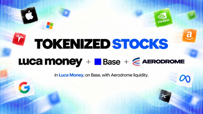A promotional graphic for 'TOKENIZED STOCKS' on Luca Money + Base + Aerodrome, surrounded by logos of major tech companies including Apple, Microsoft, Tesla, Google, NVIDIA, and Amazon.