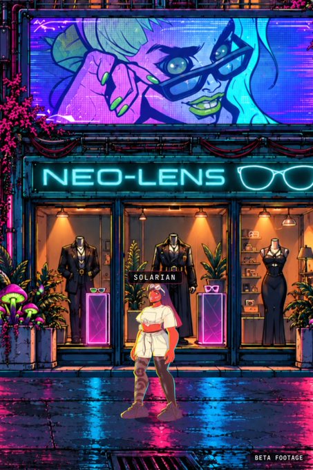 A vibrant, cyberpunk-style digital illustration of a storefront labeled 'NEO-LENS' with mannequins displaying clothing and sunglasses, and a figure labeled 'SOLARIAN' standing in front.